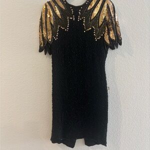 Black Mini Dress with Gold Sequin Embellished Shoulders